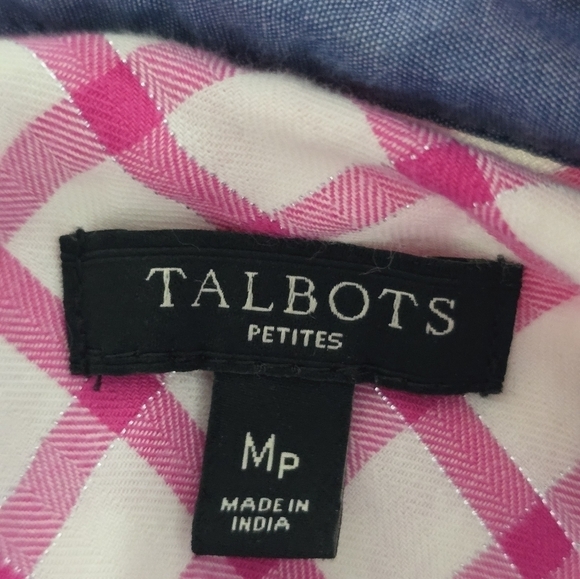 Talbots Shiry Womens Sz PM Pink White Plaid Button Up Minimalist Roll Tab Sleeve - Picture 9 of 10
